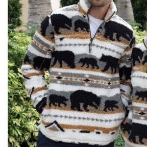 Cabin Fever Bear Print‎ 1/4 Zip Sherpa Pullover Size Medium